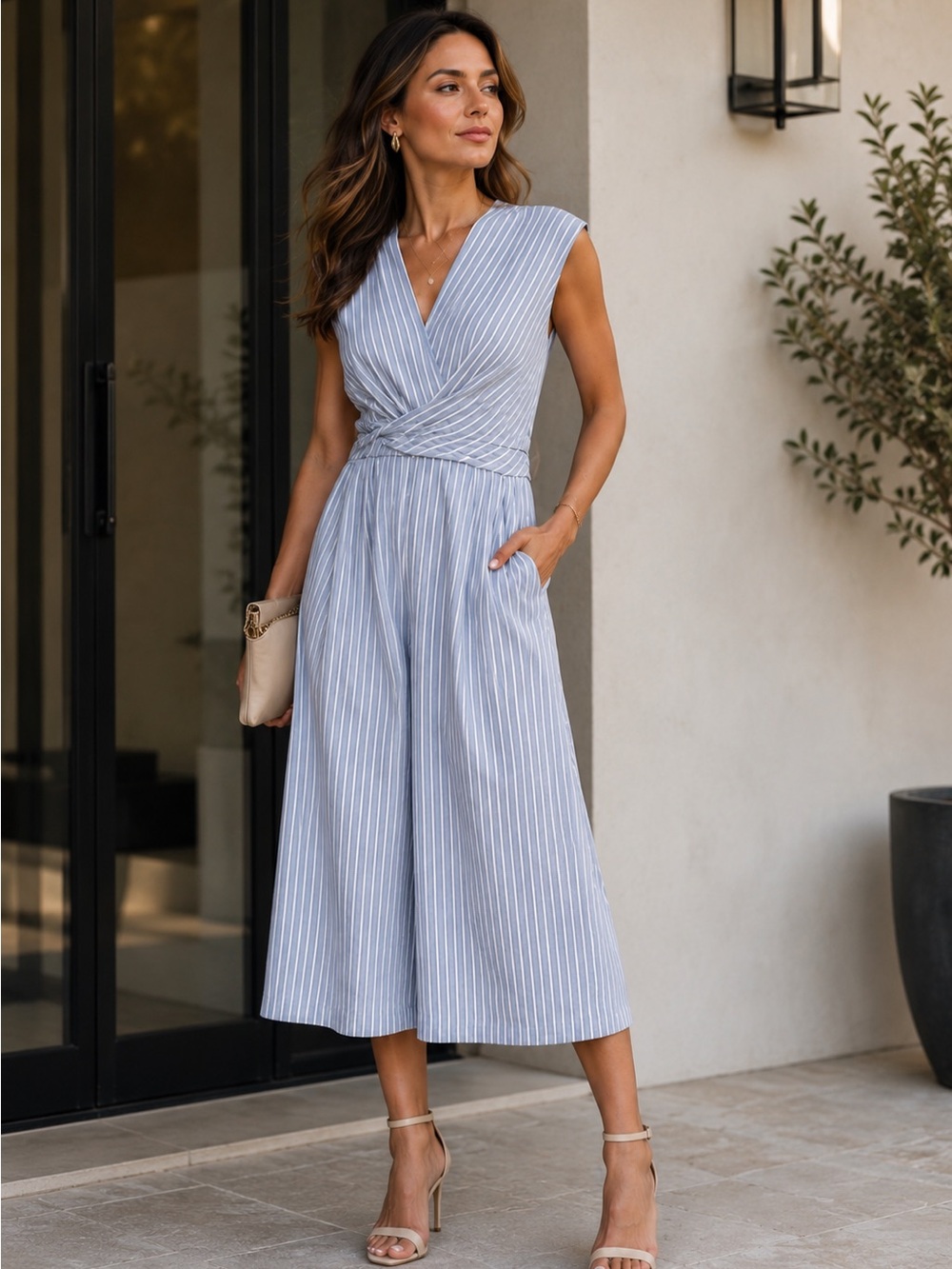 🌺 Elodie Navy and White Striped Sleeveless Twisted-Waist Cropped Jumpsuit sz L